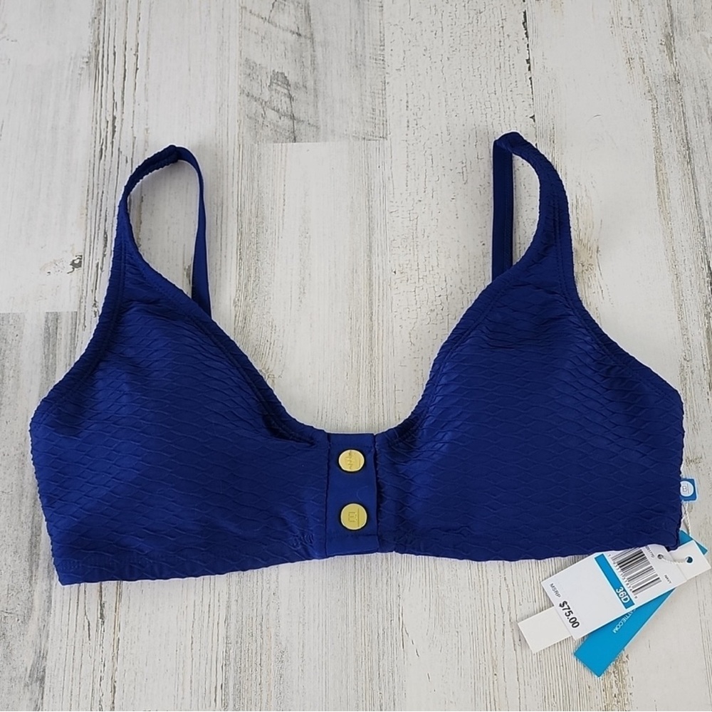 Bleu Rod Beattie navy blue adjustable strap bikini top goldtone detail Size 36D